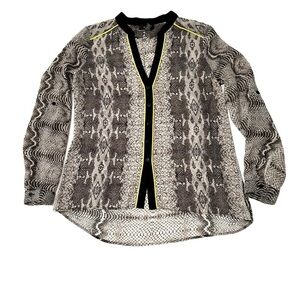 Alfani Woman Black Sheer Snake Neon Yellow Top Silky Hi Low Hem Roll tab sleeve